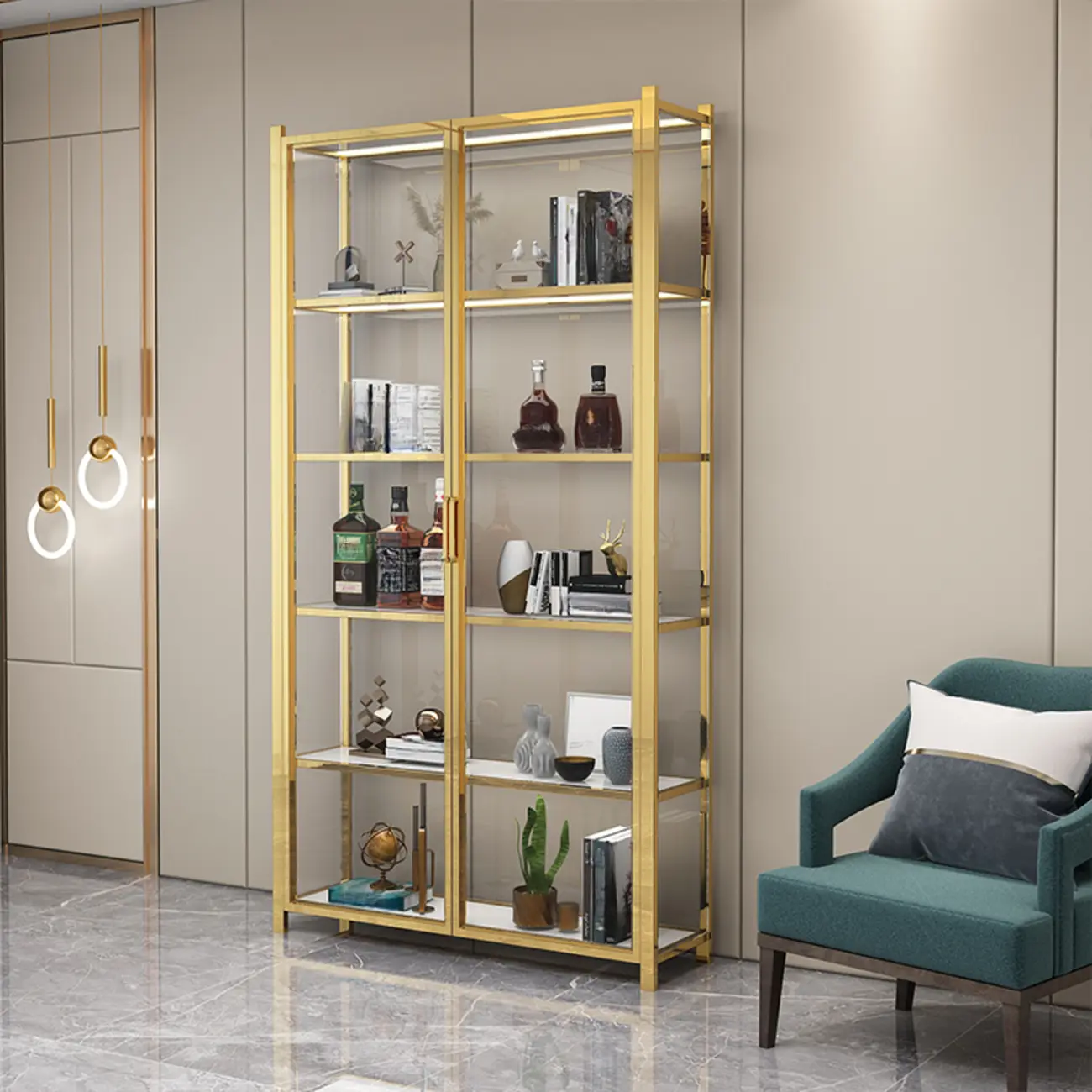 Freestanding Gold Glass Display Cabinet with LED Lights