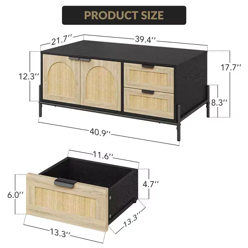 CuisinSmart Farmhouse Rattan Coffee Table, Modern Center Table 2 Drawers Storage Cabinet and Open Shelf, Rectangle End Table for Living Room