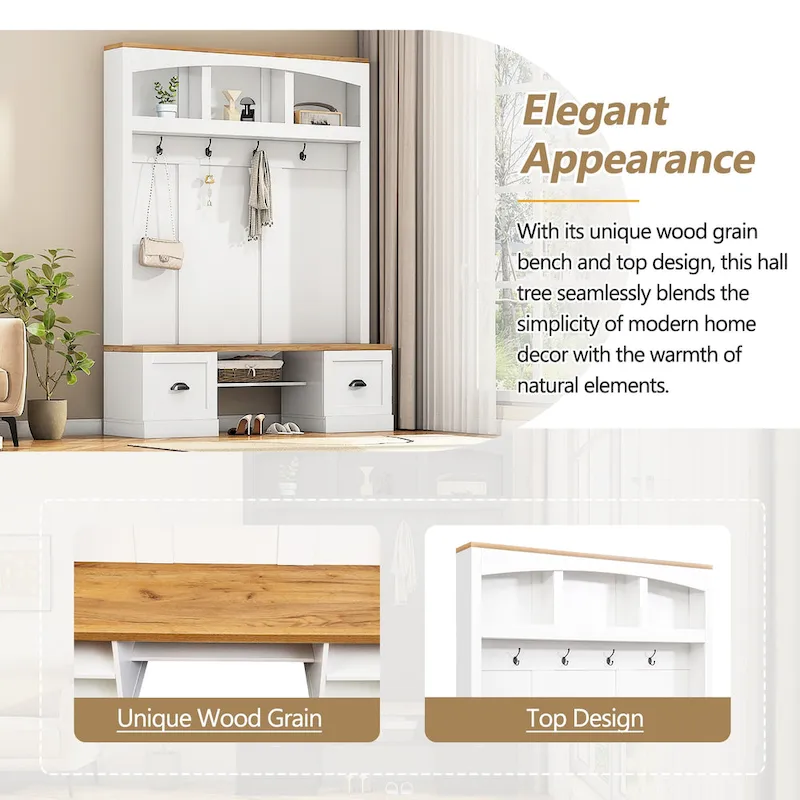 Farmhouse Hall Tree with Wood Grain Bench, Hooks and Bottom Cabinets