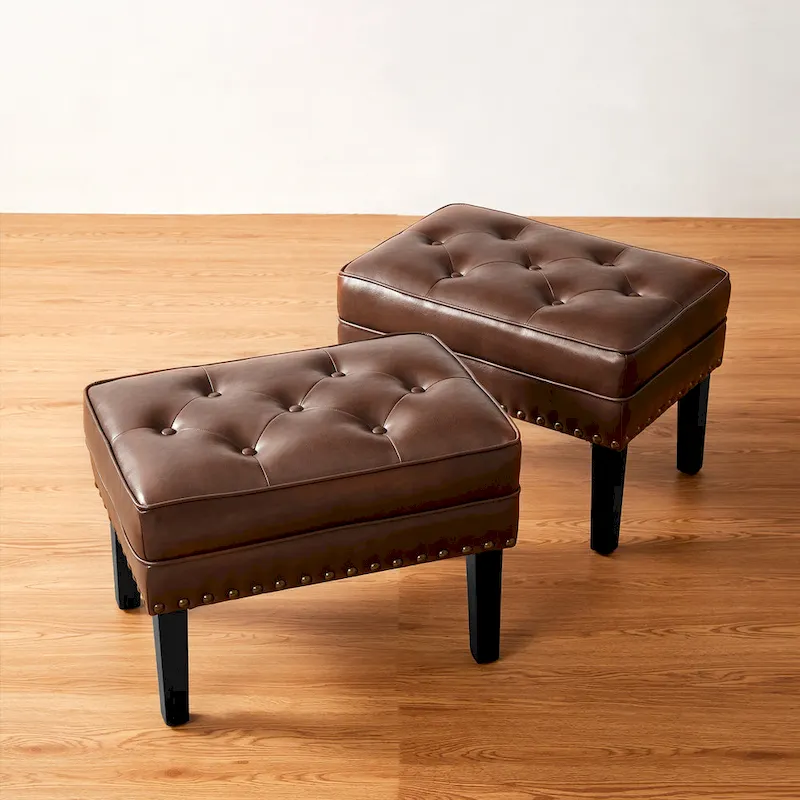 Glitzhome Set of 2 22W Leatherette Button-tufted Foot Stools Ottomans