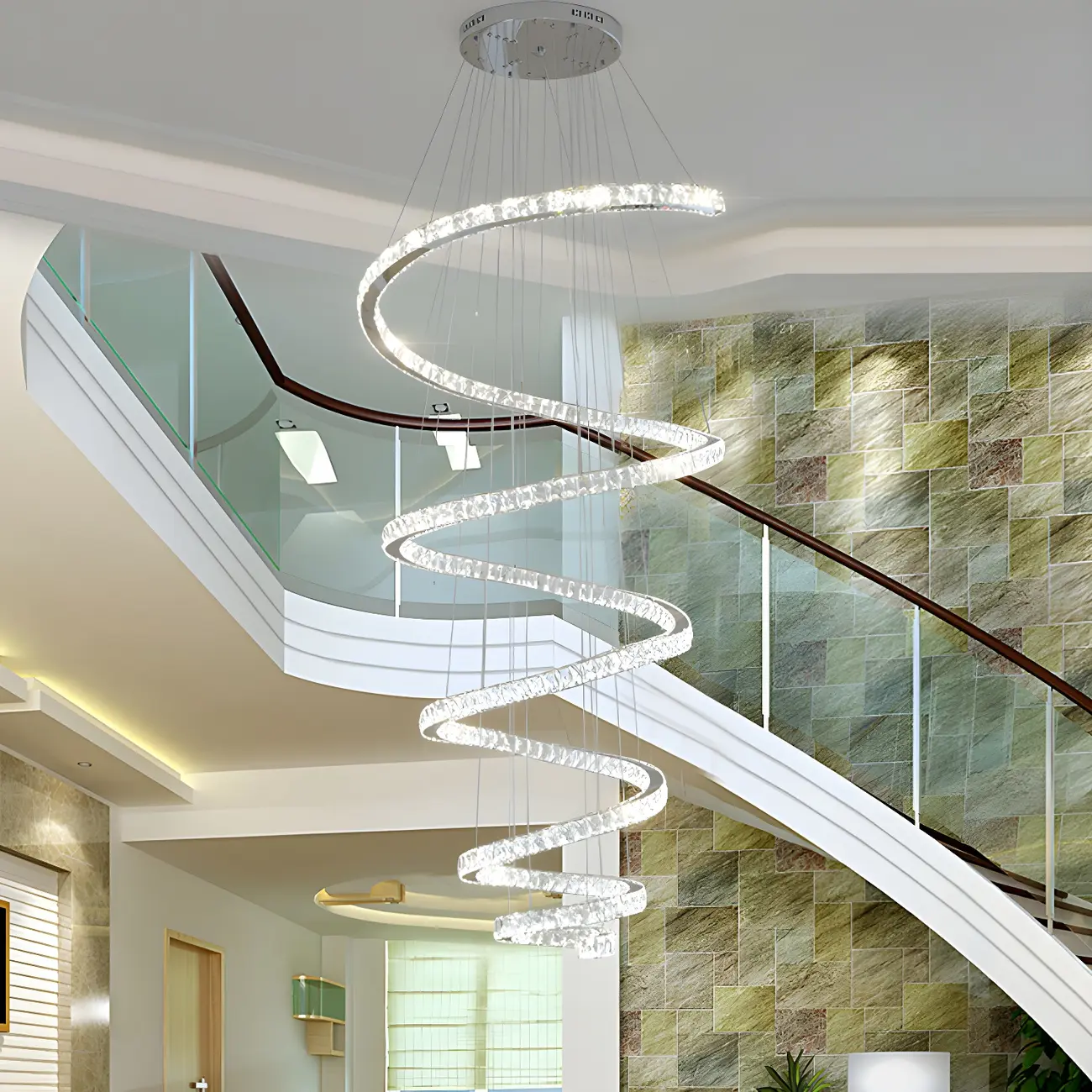 Large Modern Spiral LED Ceiling Crystal Chandelier Tiered Light