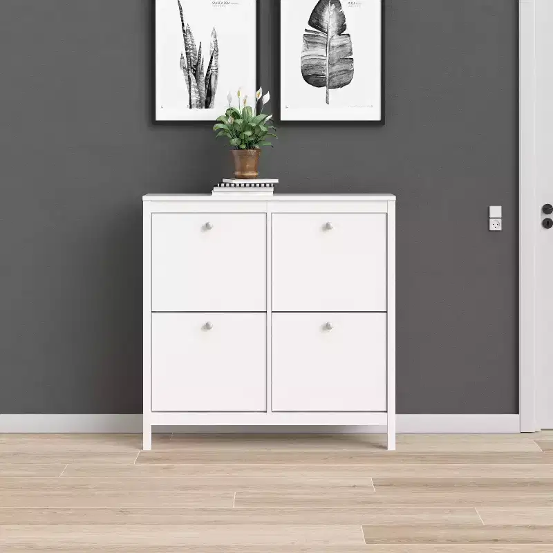 White 4-Drawer Shoe Cabinet, Modern-Traditional Style, Holds 16 Pairs