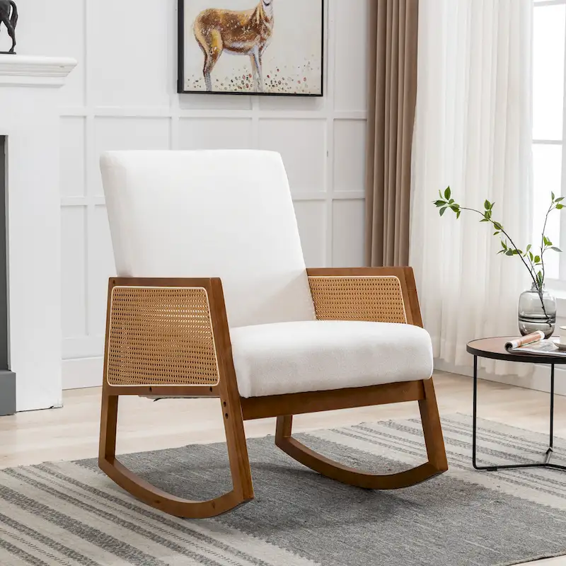 Modern PU Leather Rocking Chair with Rattan Arms