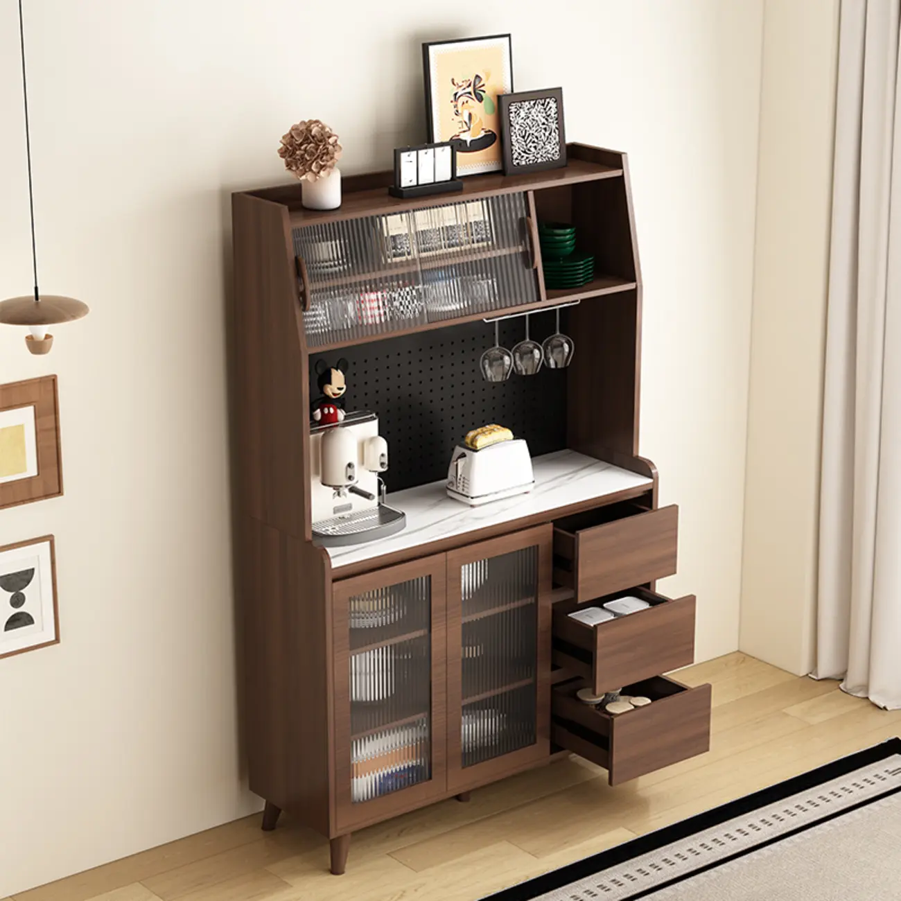 Wide Brown Wooden Pegboard Back Sideboard with Hutch