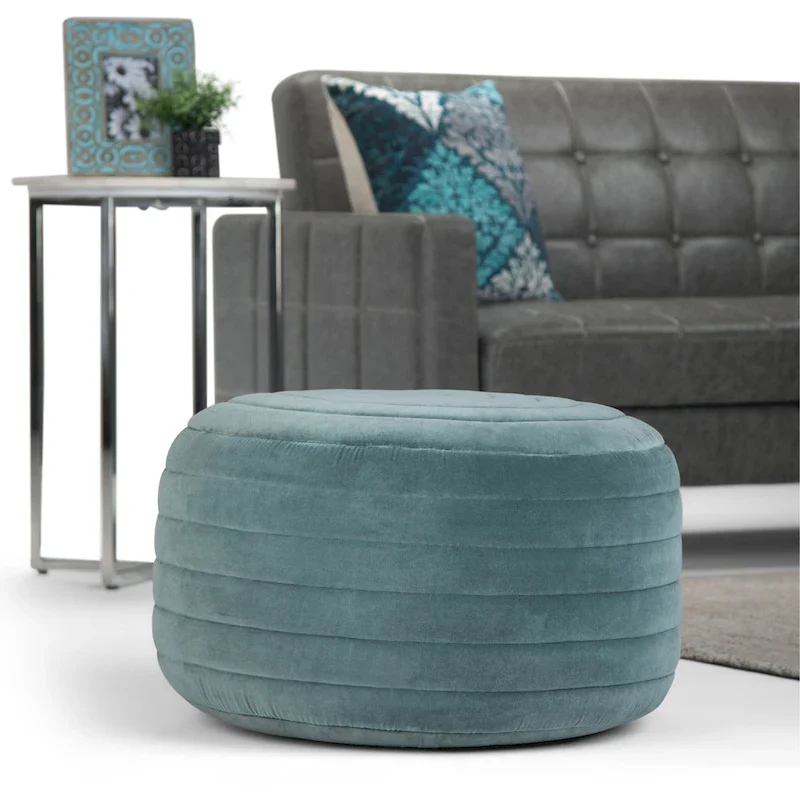 Boho Round Pouf Ottoman in Velvet Fabric, Bohemian Floor Cushion Footrest