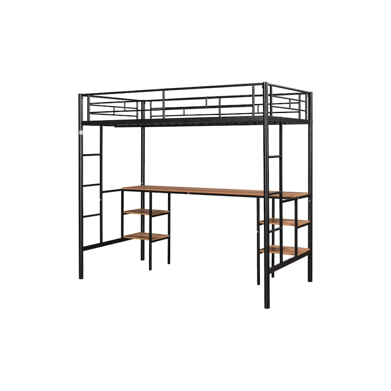 Twin Metal Loft Bed with Table, Shelves, Guardrails, and Ladders