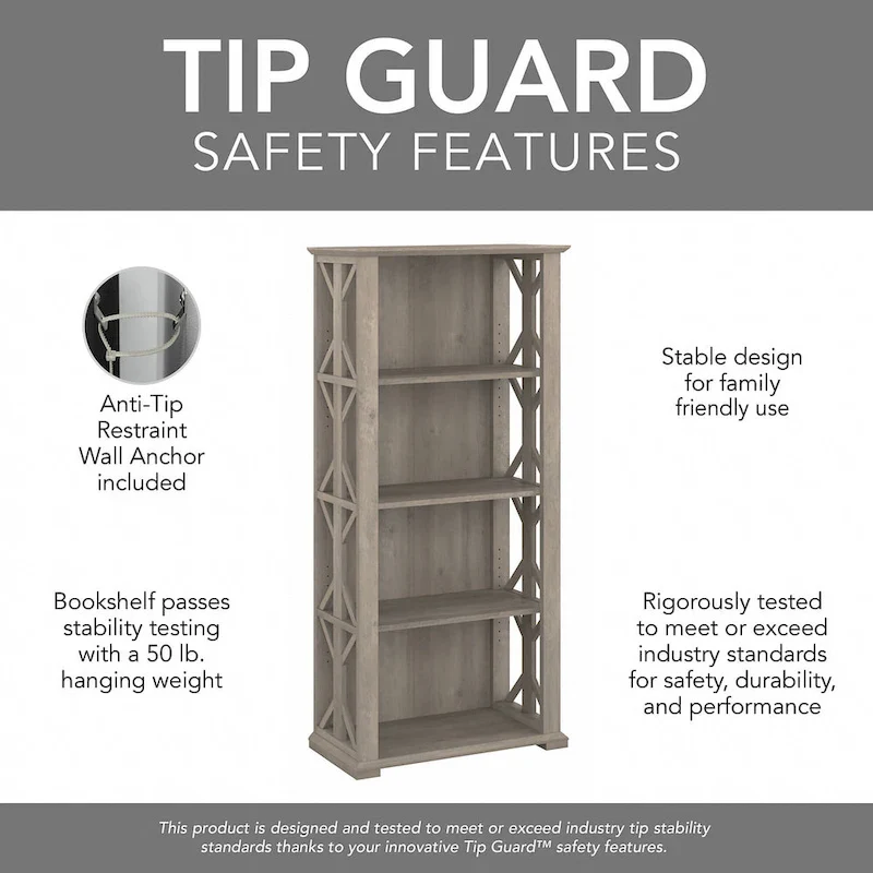 4-Shelf Bookcase in Linen White Oak / Driftwood Gray – 2 Adjustable Shelves