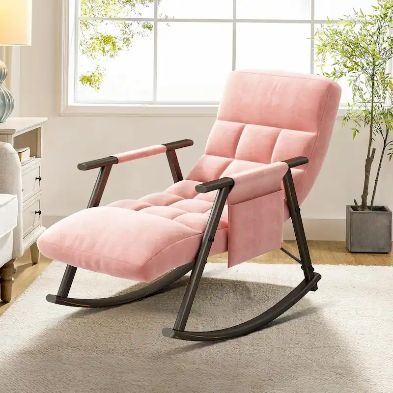 Modern Classic Fabric Upholstered Rocking Chair with Storage Pocket