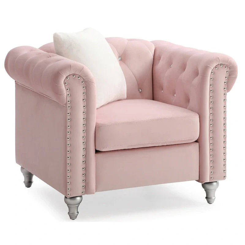 Solid Tufted Velvet Accent Chair with Throw Pillow - 38 - Pink