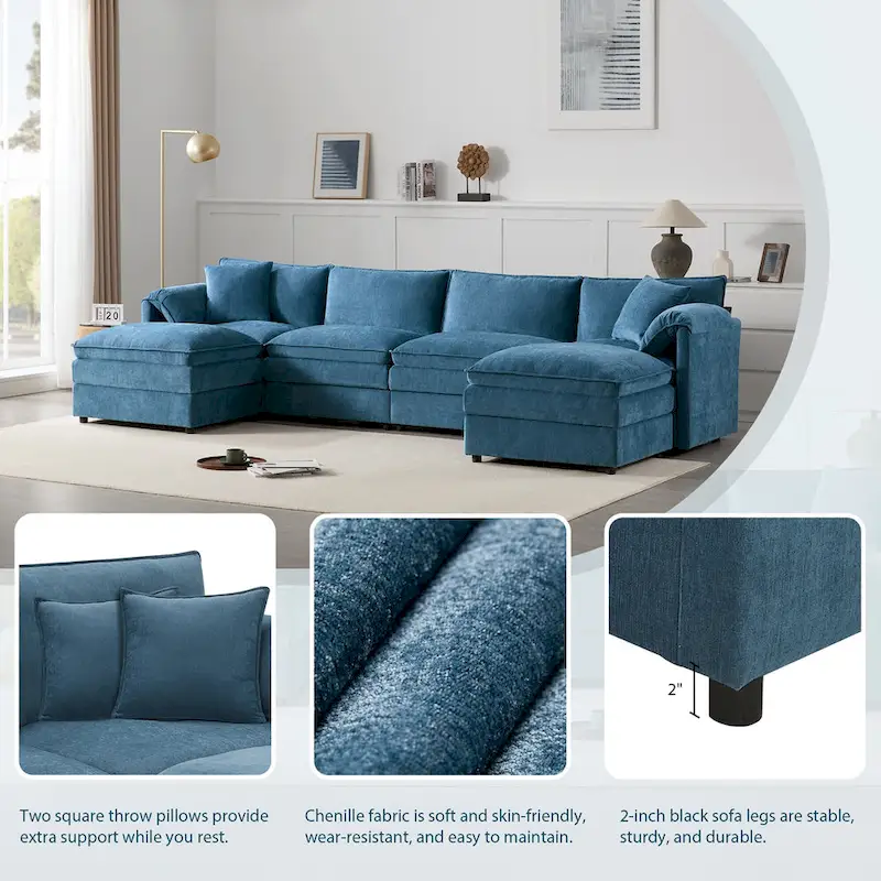 Chenille Modular Sectional Sofa, U Shaped Cloud Upholstered Couch Set