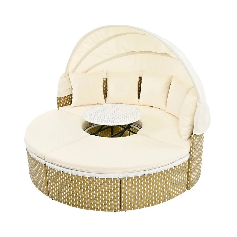 Round Patio Sectional Sofa Set  Two-Tone Rattan Daybed with Retractable Canopy & Modular Seating