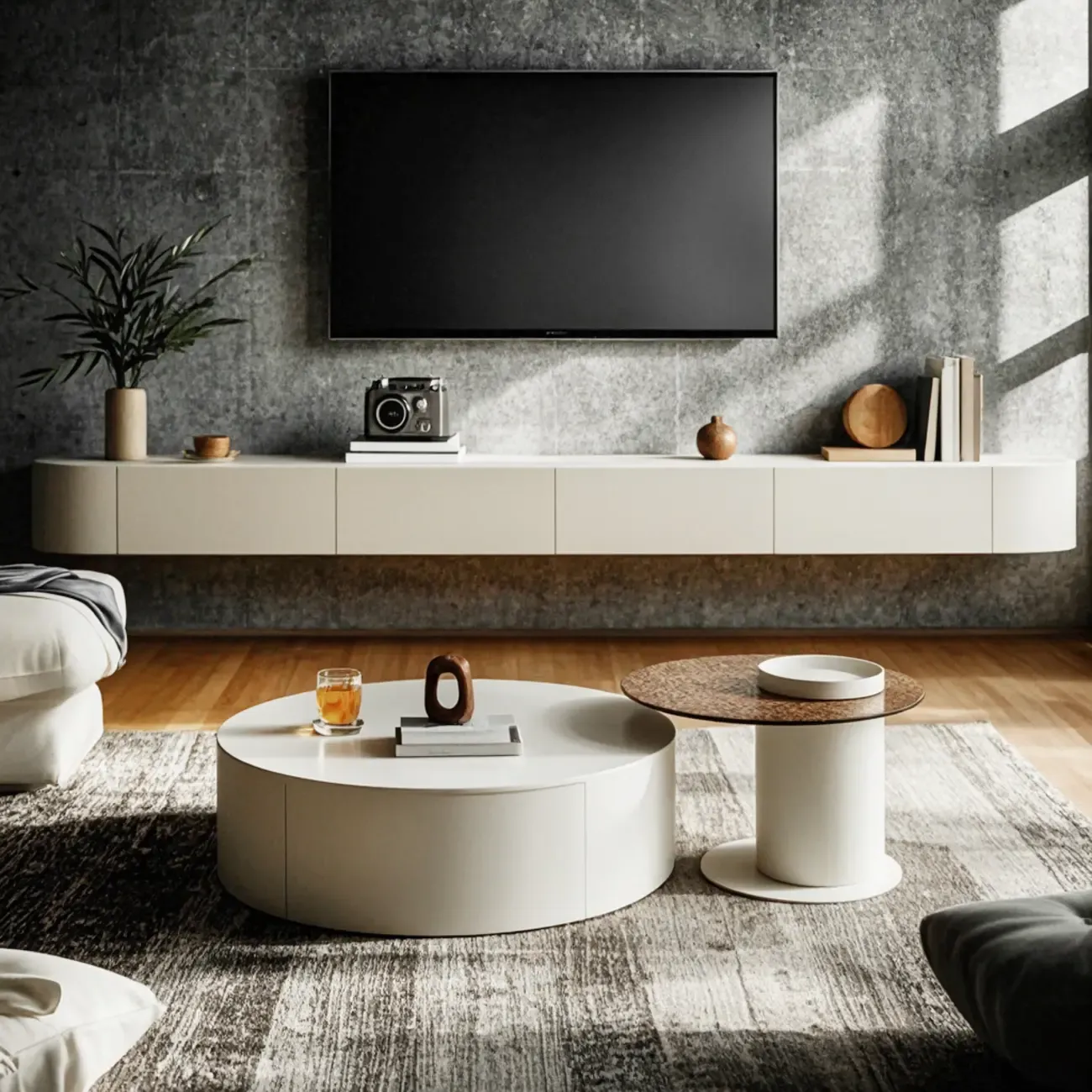 White Modern Round Sleek Drawer Coffee Table