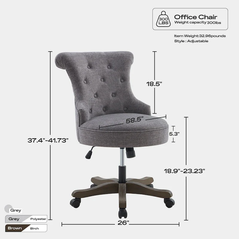 Office Chair with Wheels, Adjustable Height, Linen Fabric Upholstered Computer Desk Chair Swivel