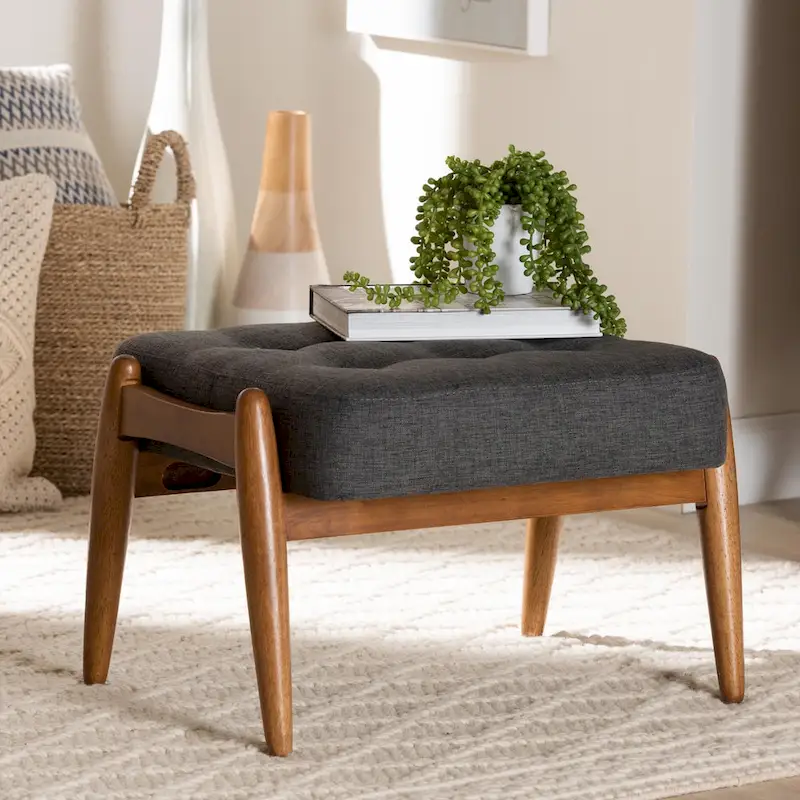 Jeanine Japandi Dark Grey Fabric and Walnut Brown Finished Wood Ottoman Footstool