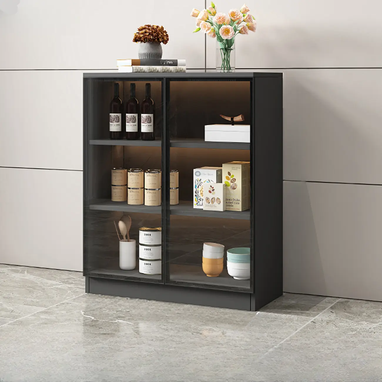 Large 3 Shelves Glass Wood Black Sideboard with LED Light