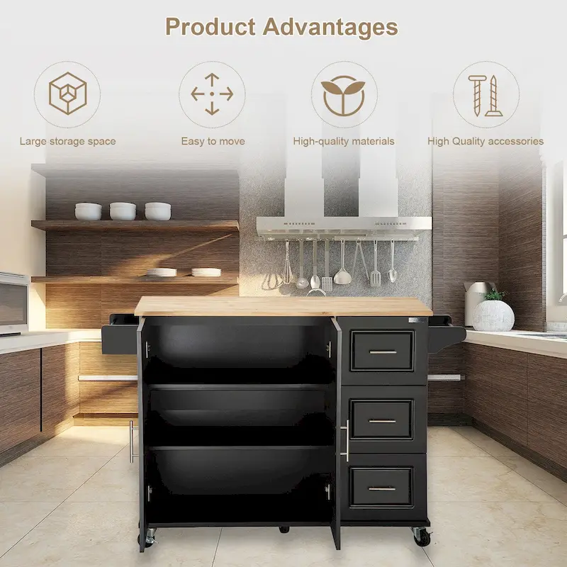 Mobile Kitchen Island & Kitchen Cart,With Extendable Rubber Wood Top and 3 Drawers - 53.93  (L) x 17  (W) x 36.22  (H