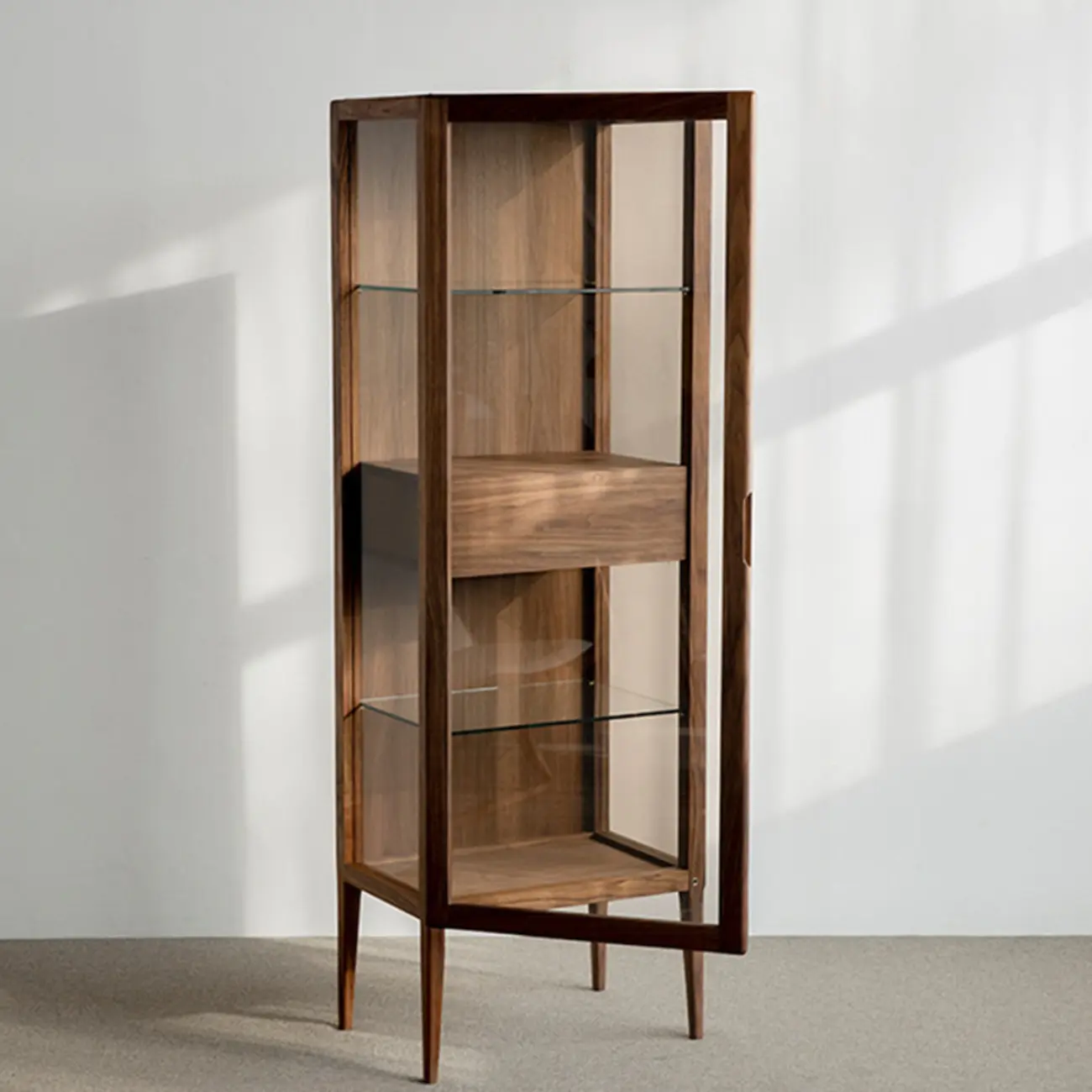 Sitting Room Old School Walnut Glass Cabinet with Illuminating