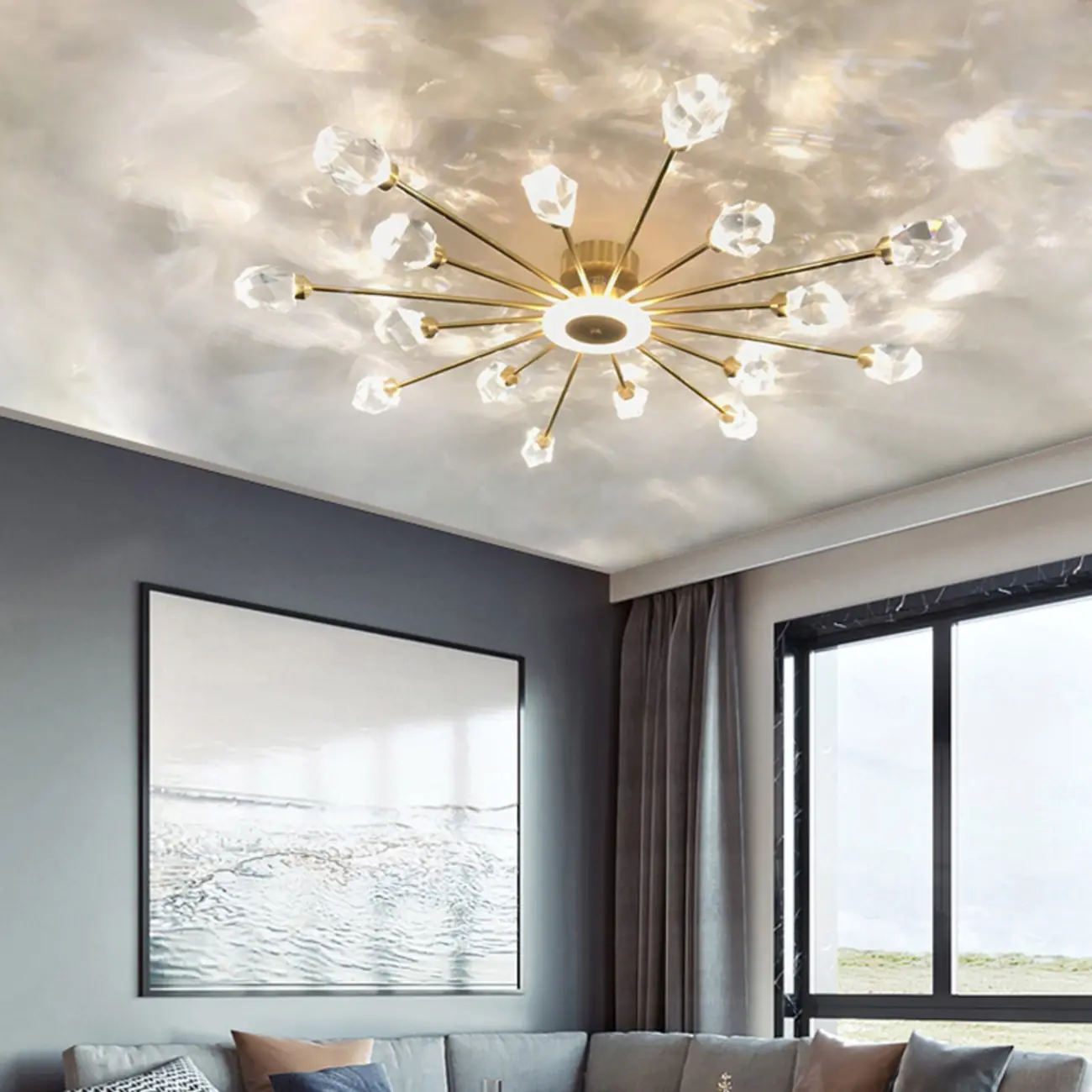 Gold Sputnik Crystal Semi Flush Dimmable LED Ceiling Light