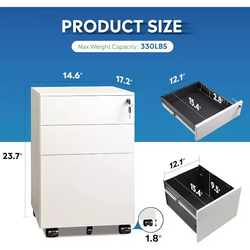 DEXYLLO Locking File Cabinet, 3 Drawer Rolling Pedestal Under Desk Office, Fully Assembled Except Casters