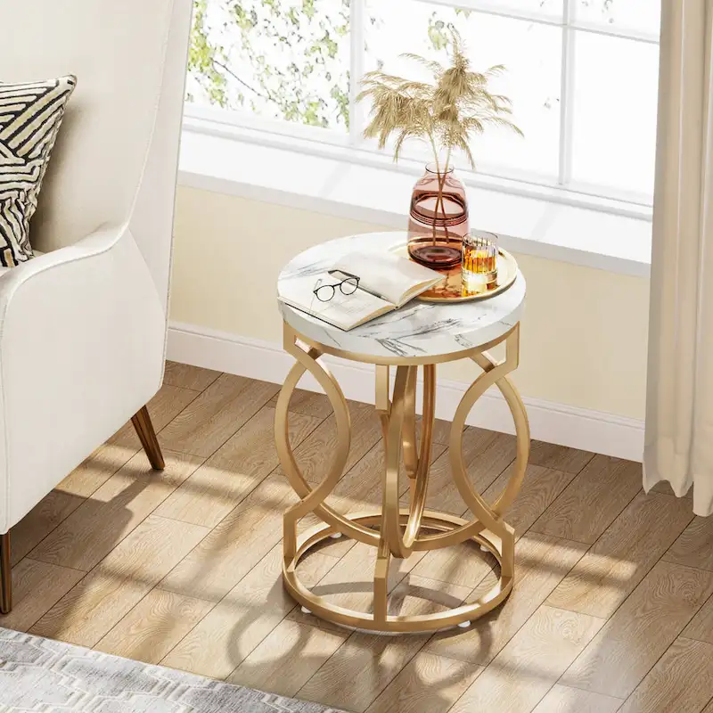 Gold End Table, Round Side Table with Faux Marble Top