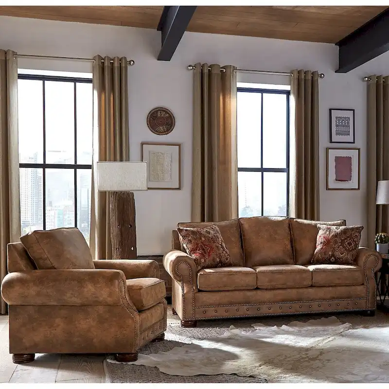 Rustic Brown Buckskin Fabric Sofa and Chair Set