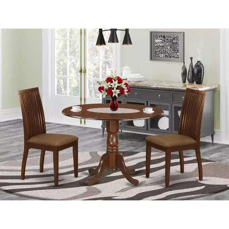 Mahogany 3-Piece Rectangle Dining Set for 2, Wood & Faux Leather