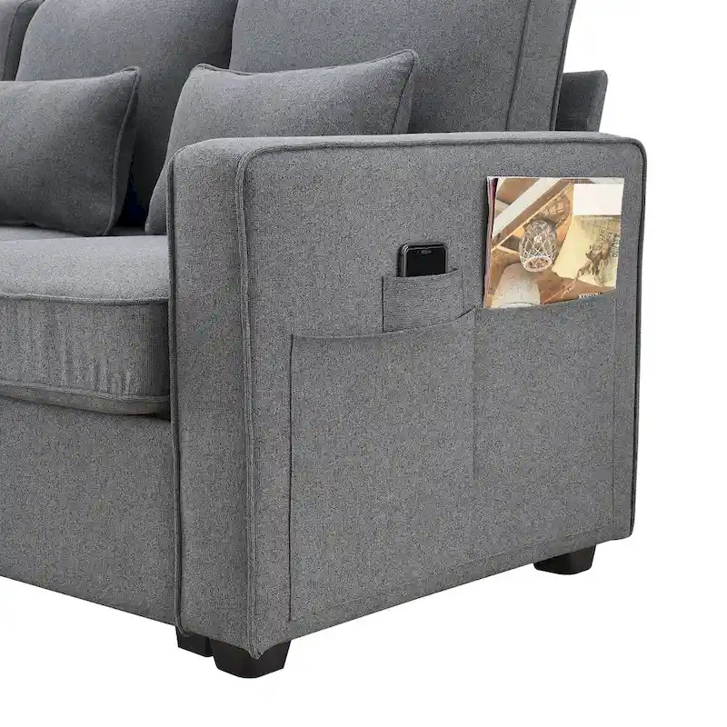 4-Seater Modern Linen Fabric Sofa with Armrest Pockets and 4 Pillows