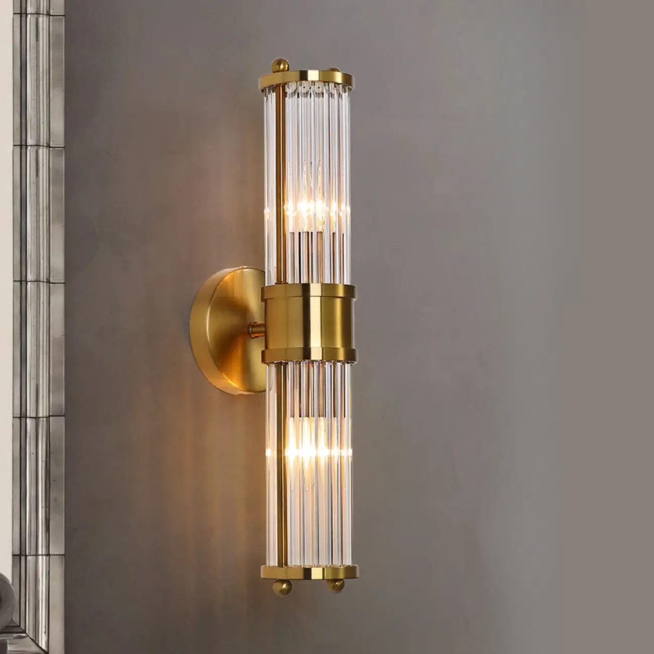 Vertical Brass Glass Cylinder Wall Sconce