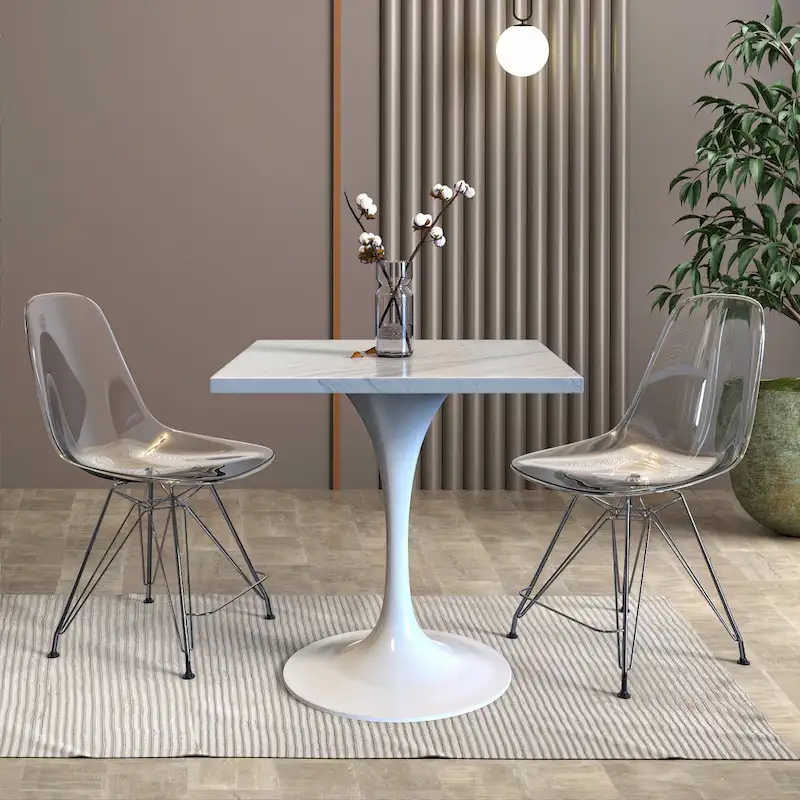 LeisureMod Verve Square Dining Table with Resin Tabletop and White Steel Base for Kitchen and Dining Room