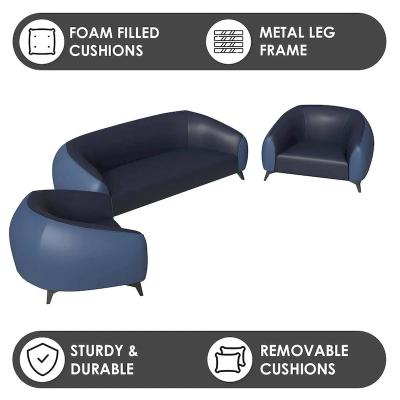 3-Piece Modern Sofa Set with Vegan Leather, Solid Wood Frame, Steel Legs, Foam Cushions for Living Room