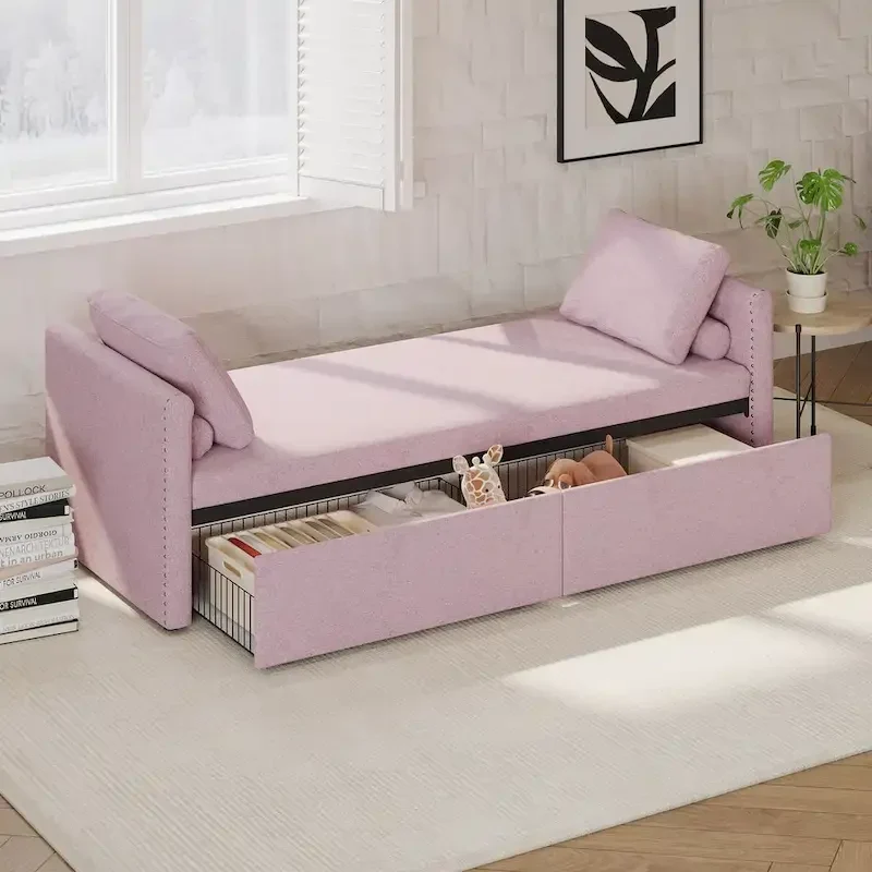 Modern Upholstered Chaise Lounger Daybed Small Single Daybed with 2 Drawers, No Mattress Needed