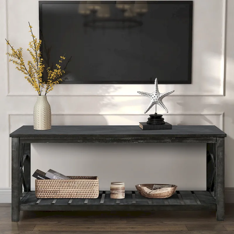 Open Shelf Coffee Table – Antique Black / Brown, Handcrafted Wood, Single