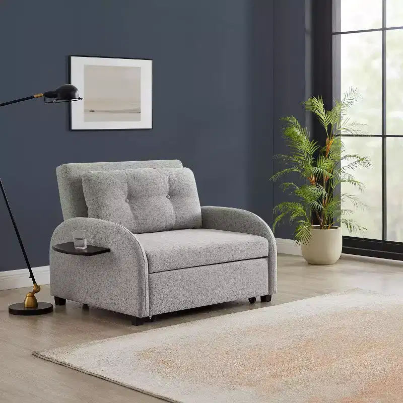 Twin Woven Polyester Fabric Black Wood Frame and Tray Table Convertible Bed Gray: Multifunctional Design, Easy Mobility