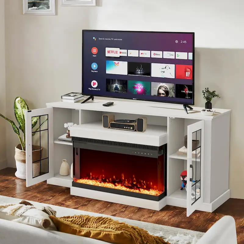 Erommy Adjustable Glass Shelves Entertainment Center with Electric Fireplace in Fireplace TV Stand