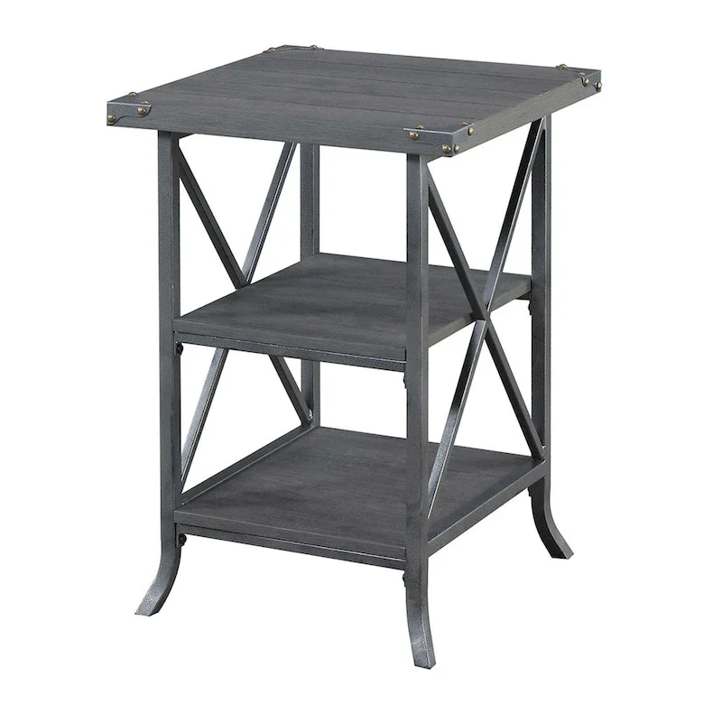 18-Inch End Table with Shelves, Hammered Metal Frame, Grooved Top Panel, Scrolled Feet for Living Room