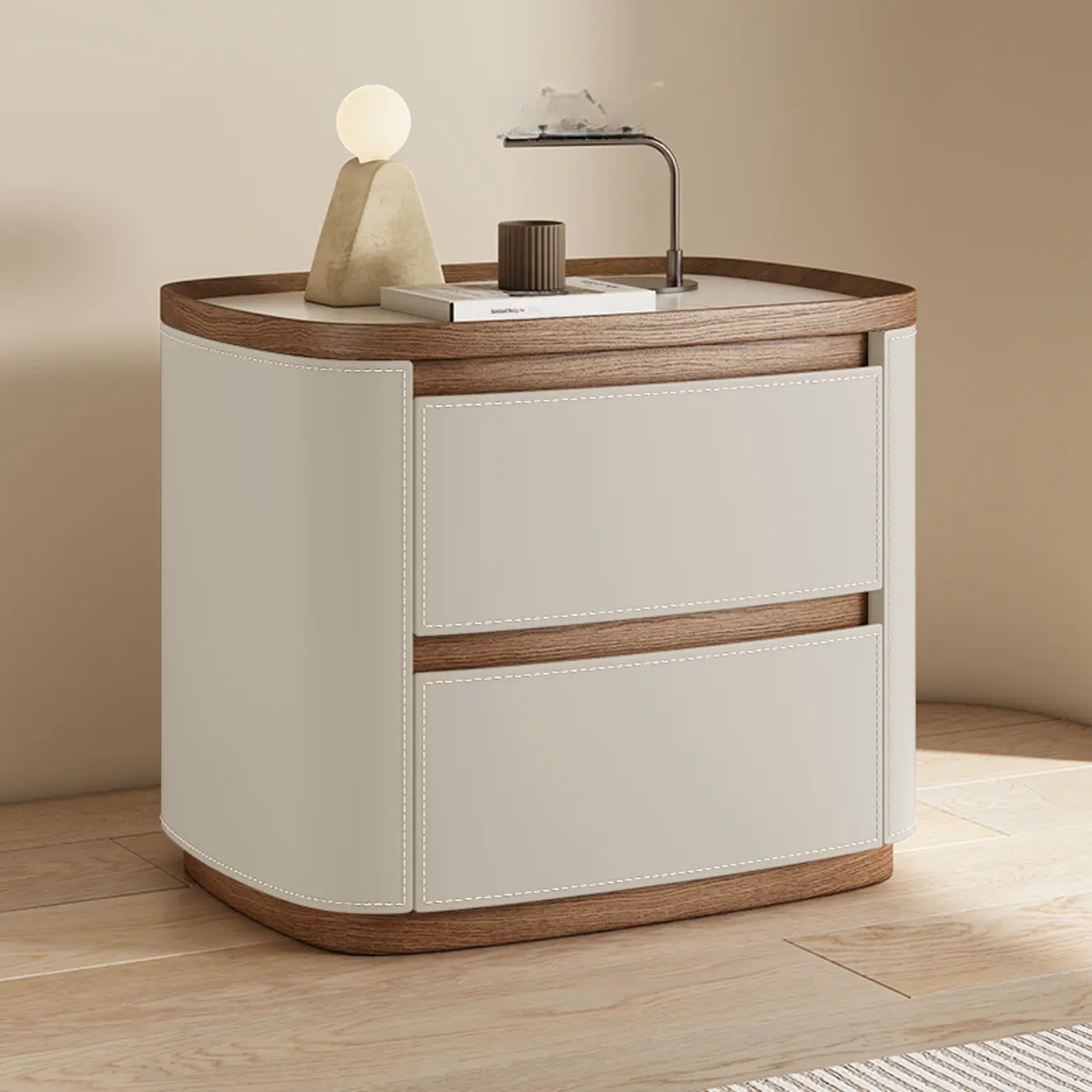Trendy Low Tray-Top 2 Layer Solid Wood Nightstand