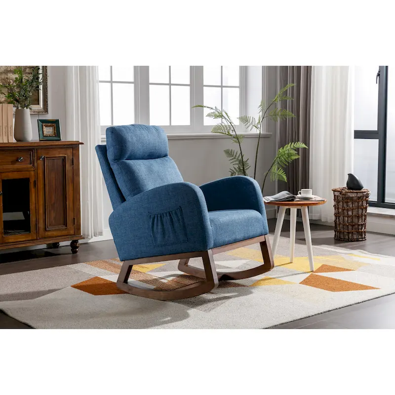 Blue 27 Upholstered Rocking Chair with Wood Legs and Convenient Side Pocket