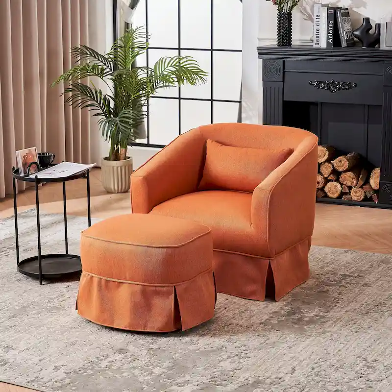 Swivel Barrel Chair With Ottoman, Swivel Accent Chairs Armchair, Reading Chairs, Round Barrel Chairs with Black Metal Base