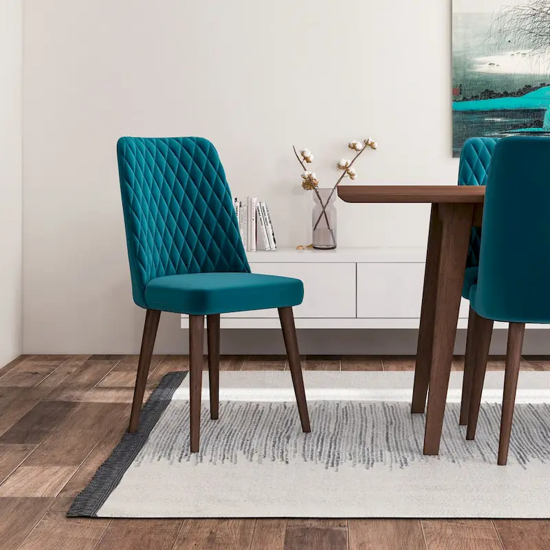 Addison 9-Piece Mid-Century Rectangular Dining Set w/ 8 Velvet Dining Chairs in Turquoise