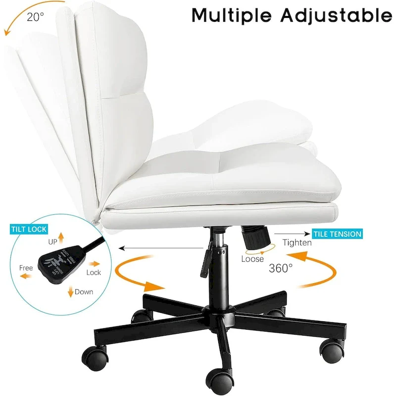 Bossin Criss Cross Chair with Wheels,PU Leather Armless Cross Legged Office chair, Adjustable Wide Seat Task Vanity Chair