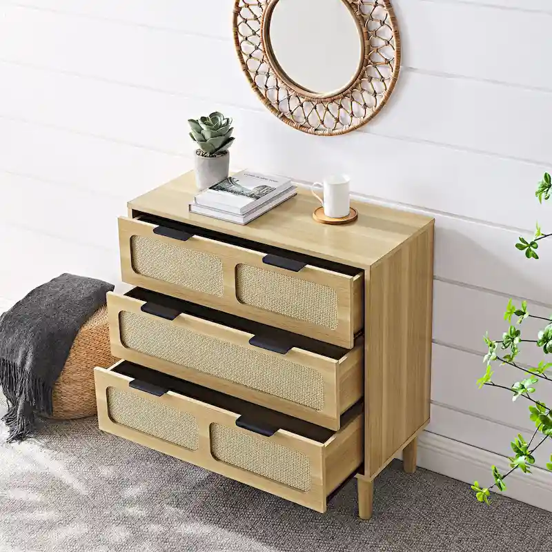 Farmhouse Rattan 3 Drawer Dresser, Wooden Wide Chest of Drawers with Metal Handles