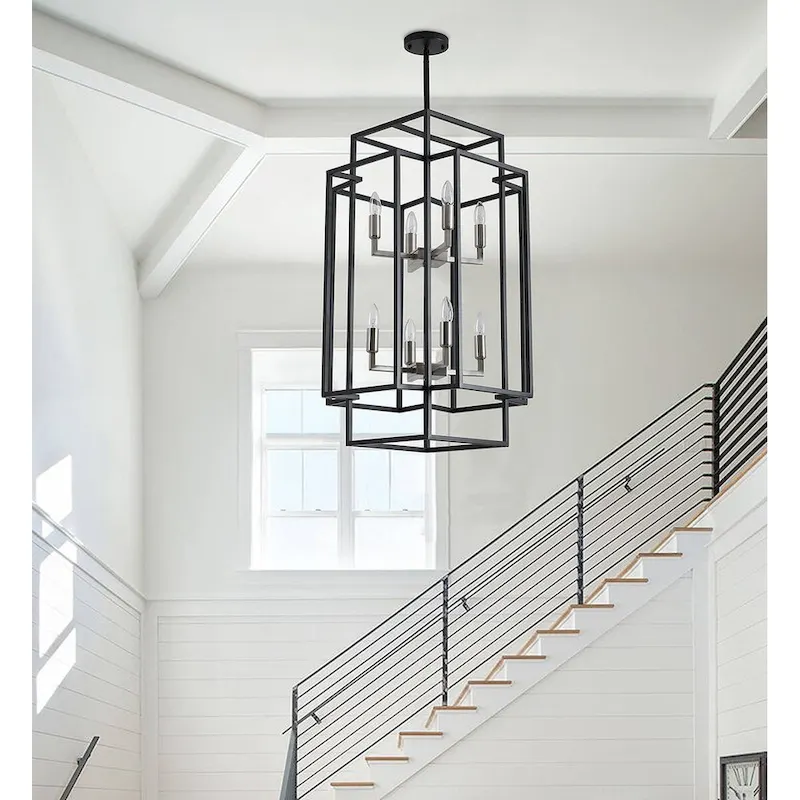 Black 8-Light Industrial Rectangle Iron Frame Pendant