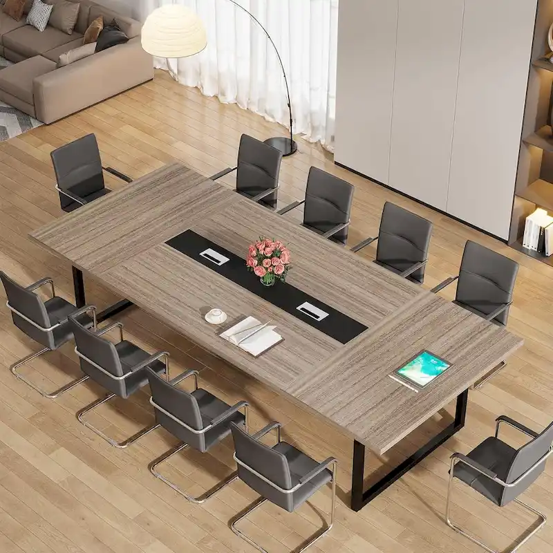 Large Rectangular Conference Table with Cable Management – Brown / Grey, Seats 8–10