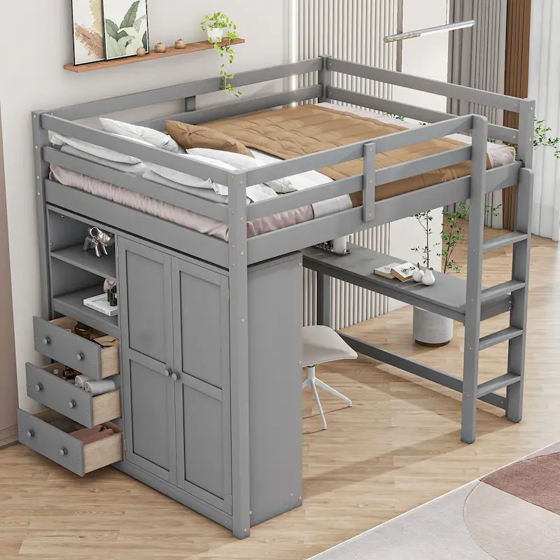 Gray Full Size Solid Wood Loft Bed with Built-in Wardrobe, Desk, Storage Shelves and Drawers