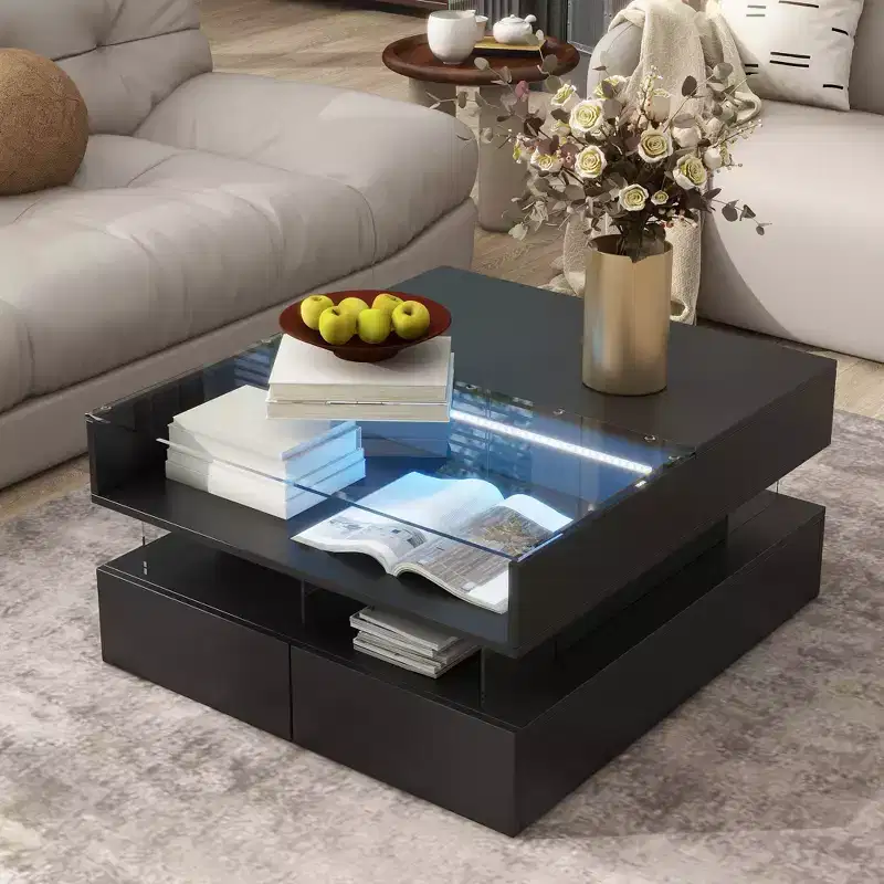 Black / White Square Lift-Top Coffee Table with LED Lights & Drawers, Single