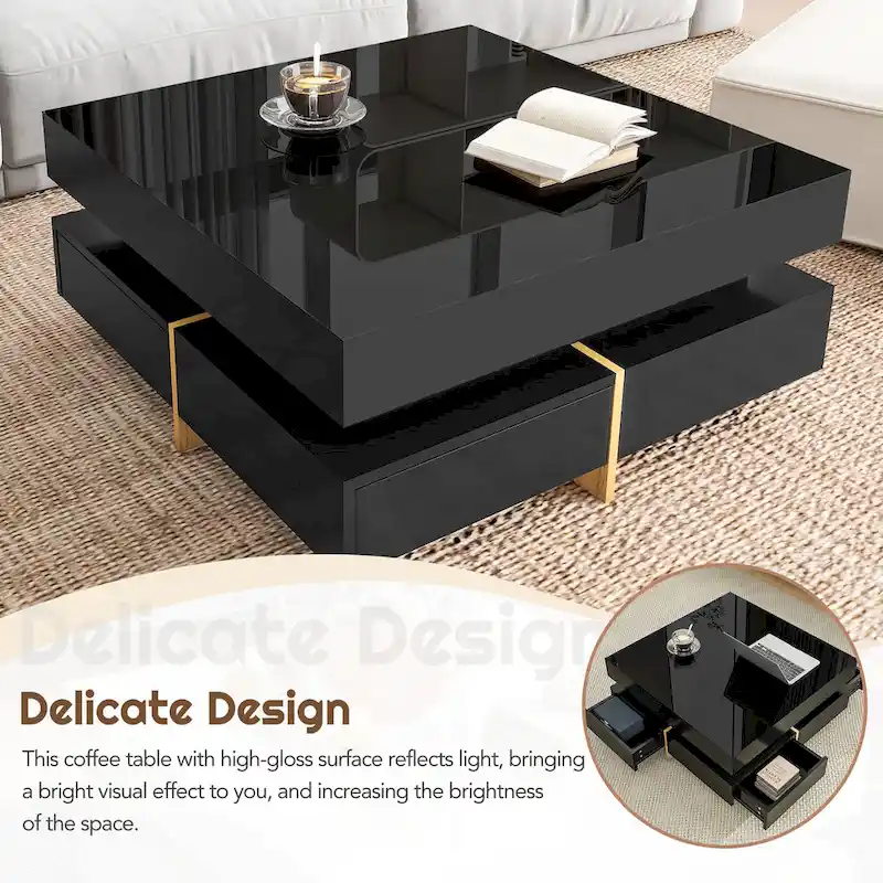 Modern High Gloss Coffee Table With 4-drawers - 31.50 x 31.50 x 13.70