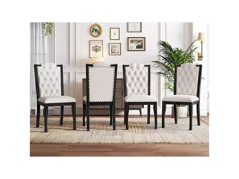 Beige Linen High Back Dining Chair, Button Tufted, Set of 4