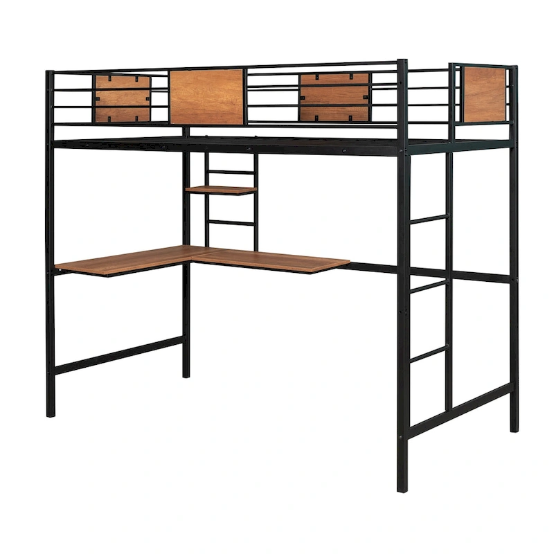 Black Twin Metal Loft Bed with Desk & Shelf