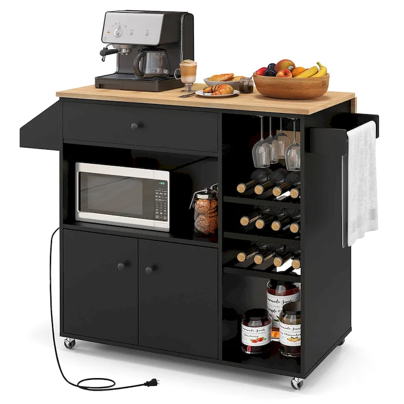 Gymax Kitchen Island Cart w/ Drop-Leaf & Power Outlet Microwave Shelf