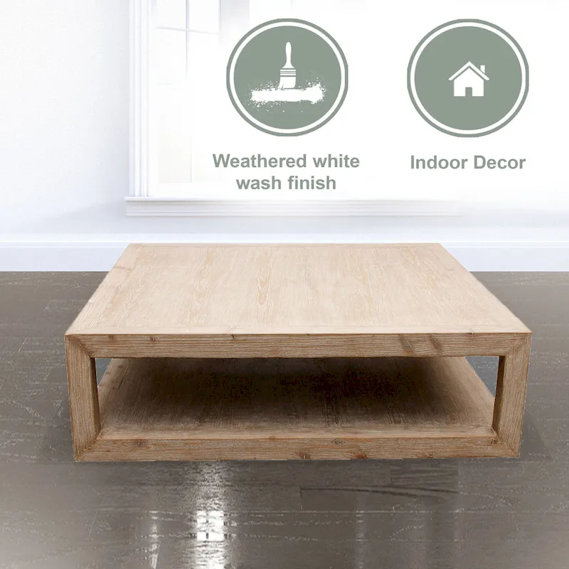 Artissance Versatile Peking Grand Framed Square Coffee Table With Weathered White Wash, 50 Inch Long